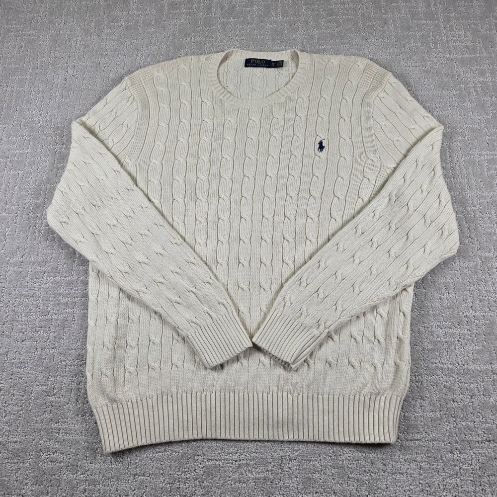 Polo Ralph Lauren Mens XL Cream 100% Tussah Silk Cable Knit Crew Neck Sweater